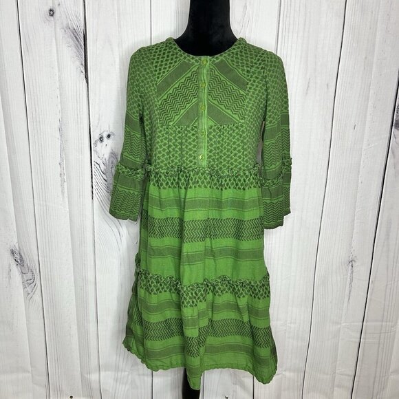 Cecilie Copenhagen Boho Peasant Dress Size XS Womens Green Button Front Mini